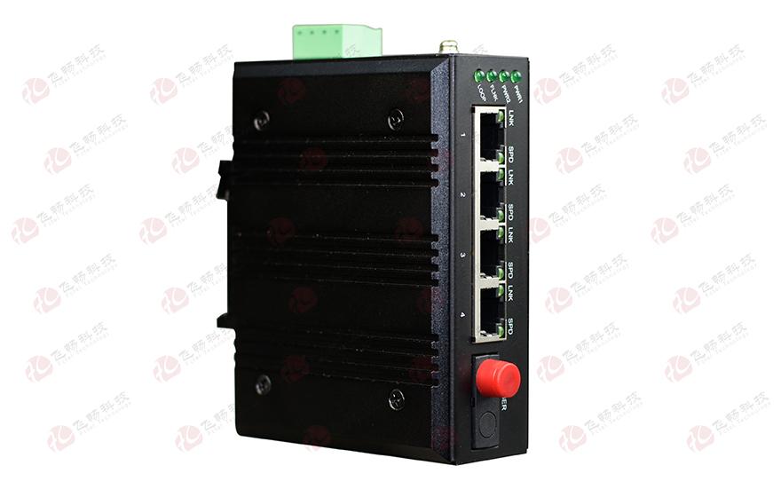 飛暢科技-mini工業(yè)軌式 4路百兆(物理隔離，總帶寬100M)轉(zhuǎn)1路百兆光